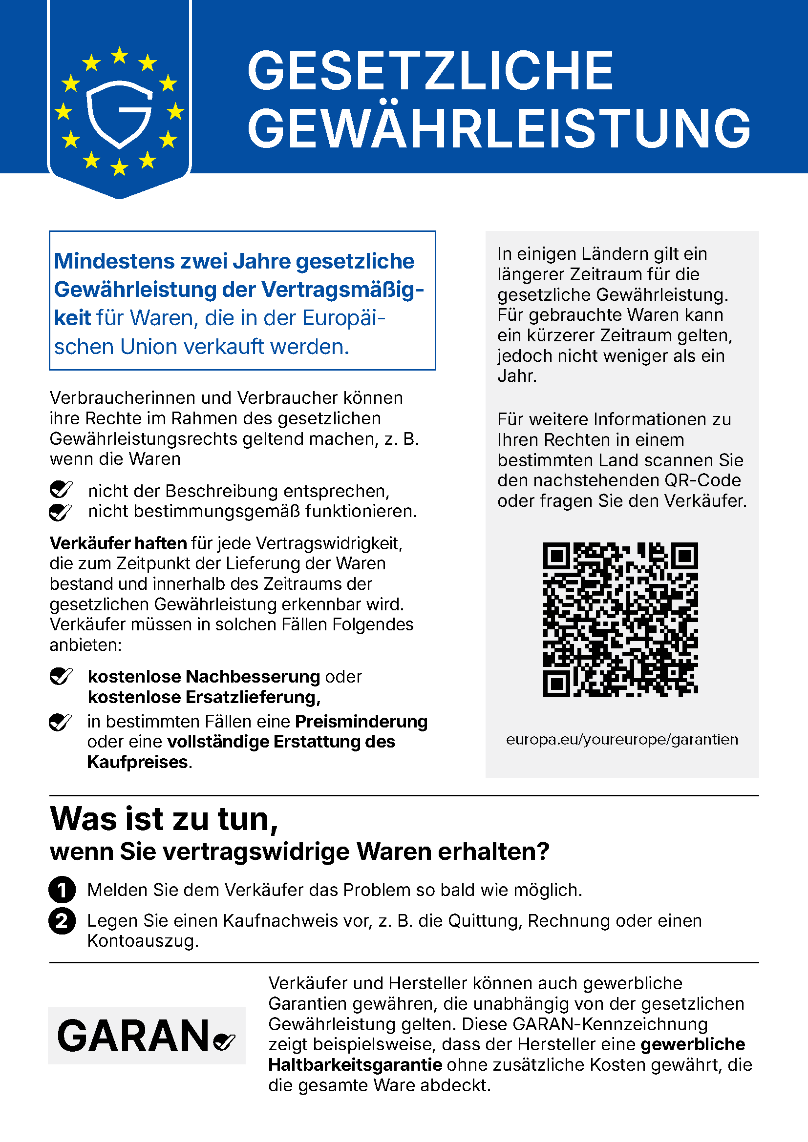 Hinweis zur gesetzlichen Gewährleistung